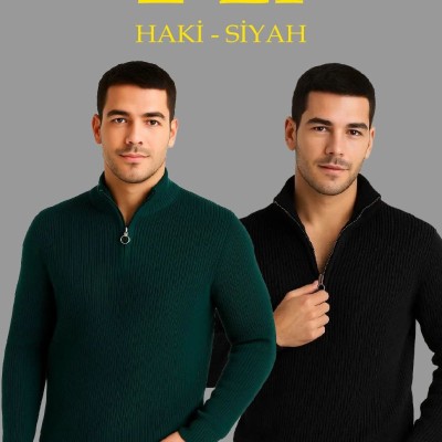 Erkek Fitilli Triko Kazak 2’li Set Siyah Haki Kalın Dokuma Pamuklu Regular Fit V Yaka Erkek Fitilli Triko Kazak 2’li Set Siyah Haki Kalın Dokuma Pamuklu Regular Fit V Yaka