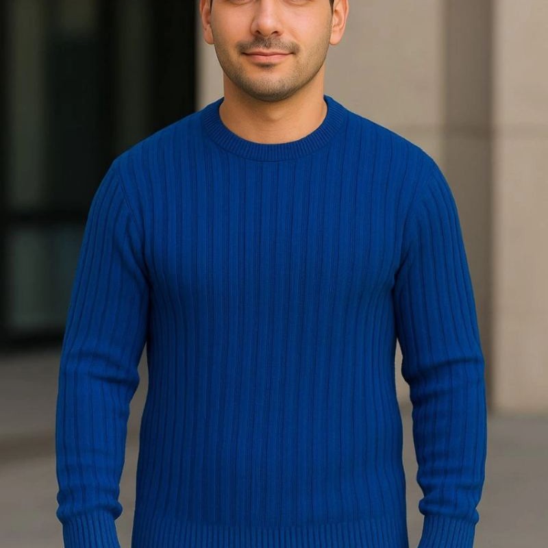 Erkek Fitilli Triko Kazak 2’li Set Siyah Saks Mavisi Kalın Dokuma Pamuklu Regular Fit