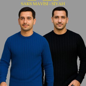 Erkek Fitilli Triko Kazak 2’li Set Siyah Saks Mavisi Kalın Dokuma Pamuklu Regular Fit