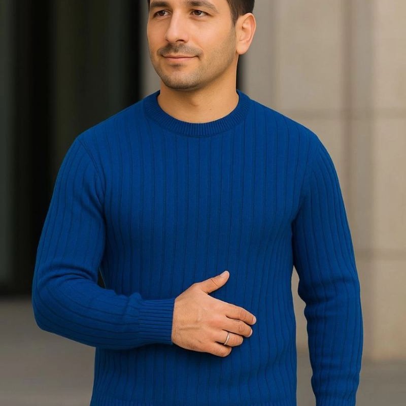 Erkek Fitilli Triko Kazak 2’li Set Siyah Saks Mavisi Kalın Dokuma Pamuklu Regular Fit