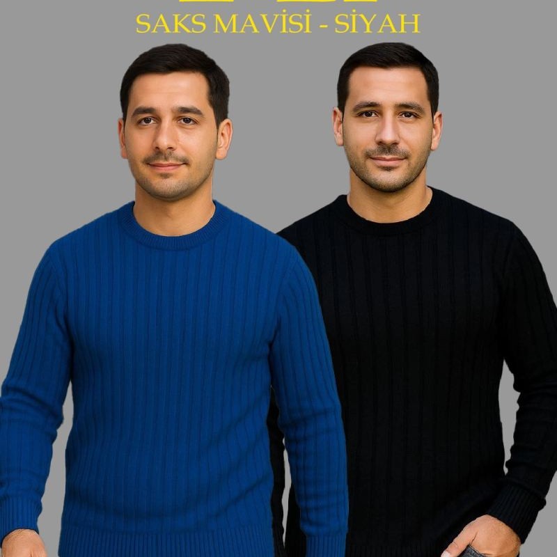 Erkek Fitilli Triko Kazak 2’li Set Siyah Saks Mavisi Kalın Dokuma Pamuklu Regular Fit