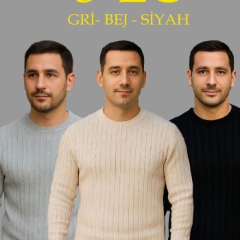 Erkek Fitilli Triko Kazak 3'lü Set Bej Gri Siyah Bisiklet Yaka Regular Fit