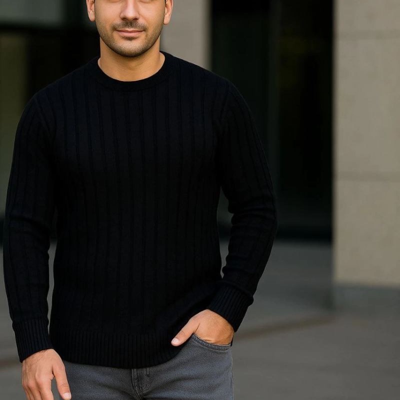 Erkek Fitilli Triko Kazak 3'lü Set Bej Gri Siyah Bisiklet Yaka Regular Fit