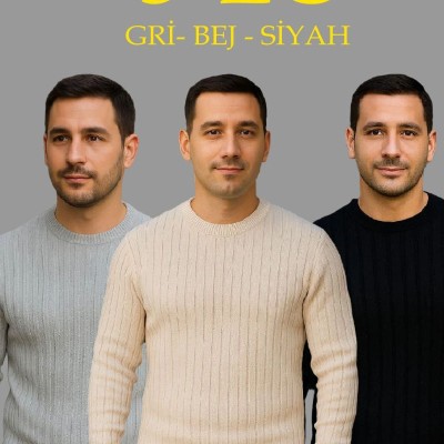 Erkek Fitilli Triko Kazak 3'lü Set Bej Gri Siyah Bisiklet Yaka Regular Fit