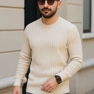 Erkek Fitilli Triko Kazak 3'lü Set Bej Gri Siyah Bisiklet Yaka Regular Fit