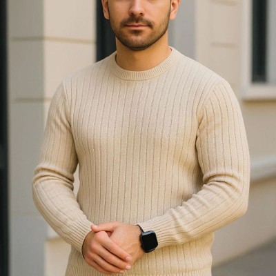 Erkek Fitilli Triko Kazak 3'lü Set Bej Gri Siyah Bisiklet Yaka Regular Fit