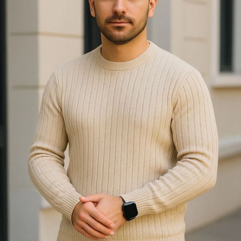 Erkek Fitilli Triko Kazak 3'lü Set Bej Gri Siyah Bisiklet Yaka Regular Fit