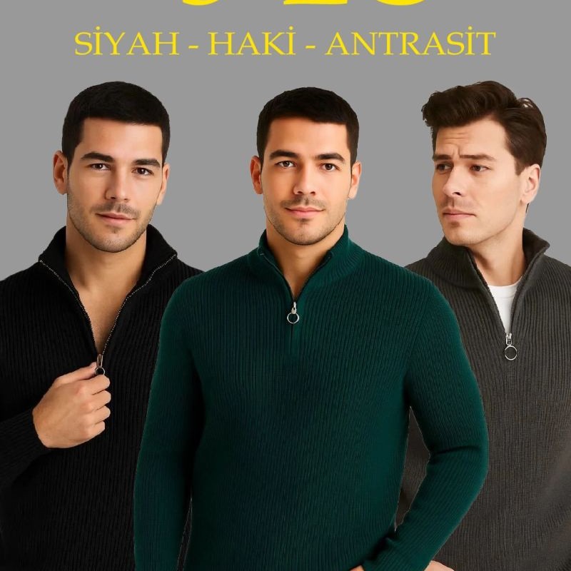 Erkek Fitilli Triko Kazak 3’lü Set Haki Siyah Antrasit Kalın Dokuma Pamuklu Regular Fit V Erkek Fitilli Triko Kazak 3’lü Set Haki Siyah Antrasit Kalın Dokuma Pamuklu Regular Fit V