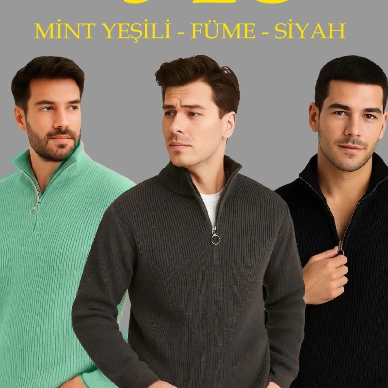 Erkek Fitilli Triko Kazak 3’lü Set Mint Yeşili Siyah Füme Kalın Dokuma Pamuklu Regular Fit