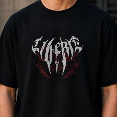 Erkek Gotik Yazı Baskılı Oversize Bisiklet Yaka T-Shirt - Siyah