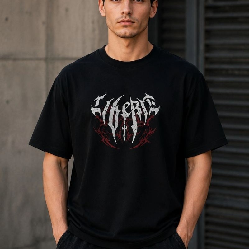 Erkek Gotik Yazı Baskılı Oversize Bisiklet Yaka T-Shirt - Siyah
