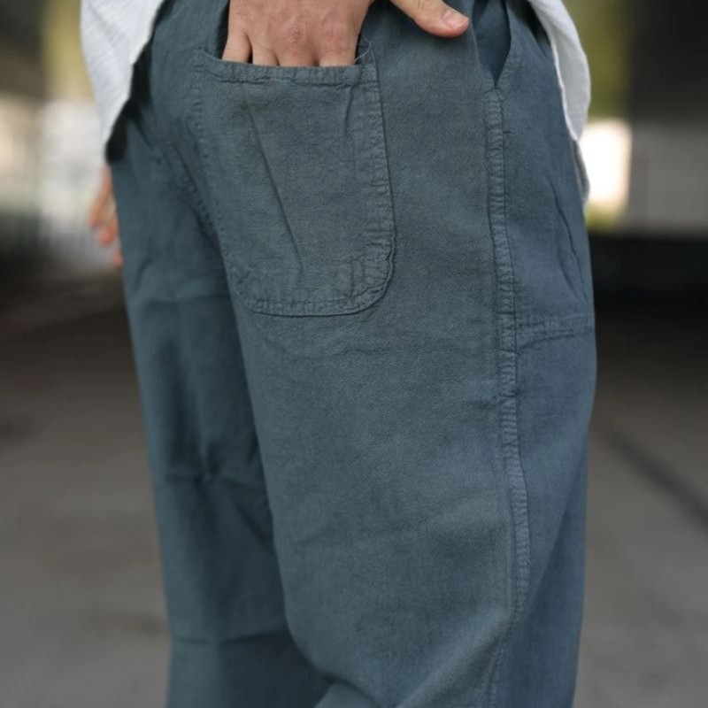 Erkek Ham Keten Beli Lastikli Cepli Regular Fit Boru Paça Pantolon - İndigo