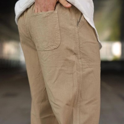 Erkek Ham Keten Beli Lastikli Cepli Regular Fit Boru Paça Pantolon - Kahverengi Erkek Ham Keten Beli Lastikli Cepli Regular Fit Boru Paça Pantolon - Kahverengi