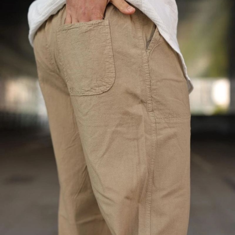 Erkek Ham Keten Beli Lastikli Cepli Regular Fit Boru Paça Pantolon - Kahverengi Erkek Ham Keten Beli Lastikli Cepli Regular Fit Boru Paça Pantolon - Kahverengi