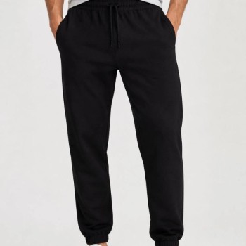 Erkek İki İplik Beli Lastikli Bağcıklı Regular Fit Jogger Eşofman Altı - Siyah