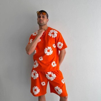 Erkek İki İplik Kumaş Oversize Baskılı T-shirt Şortlu ikili Alt-Üst Takım- Turuncu Erkek İki İplik Kumaş Oversize Baskılı T-shirt Şortlu ikili Alt-Üst Takım- Turuncu