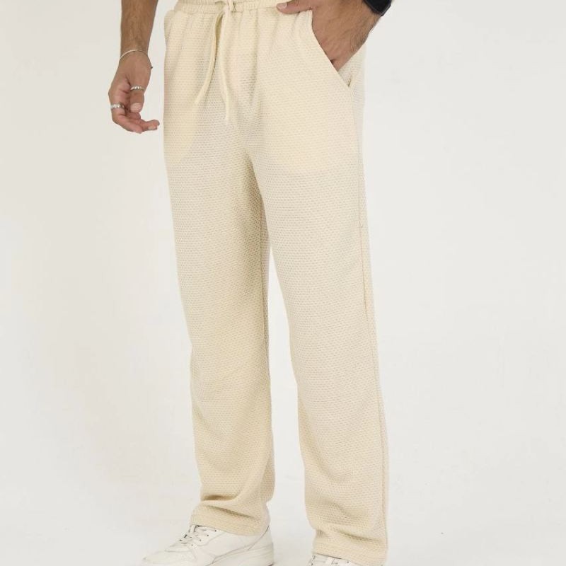 Erkek Jakar Kutu Desenli Baggy Eşofman Pantolon - Bej Erkek Jakar Kutu Desenli Baggy Eşofman Pantolon - Bej