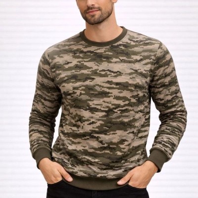 Erkek Kamuflaj Desenli 2 İplik 4 Mevsim Uzun Kollu Bisiklet Yaka Sweatshirt - Kamuflaj