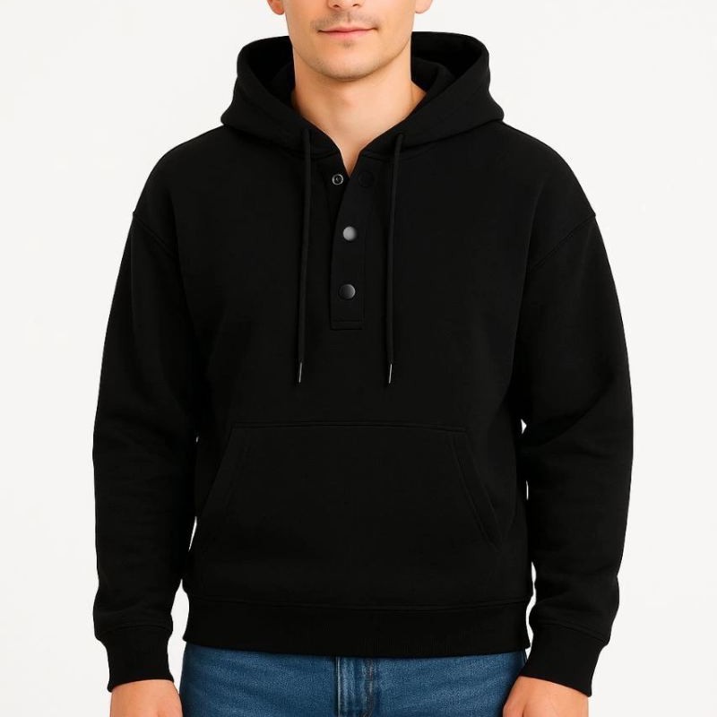 Erkek Kapüşonlu Hoodie Cepli Çıtçıtlı 3 İplik Pamuklu Sweatshirt - Siyah Erkek Kapüşonlu Hoodie Cepli Çıtçıtlı 3 İplik Pamuklu Sweatshirt - Siyah