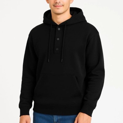 Erkek Kapüşonlu Hoodie Cepli Çıtçıtlı 3 İplik Pamuklu Sweatshirt - Siyah Erkek Kapüşonlu Hoodie Cepli Çıtçıtlı 3 İplik Pamuklu Sweatshirt - Siyah