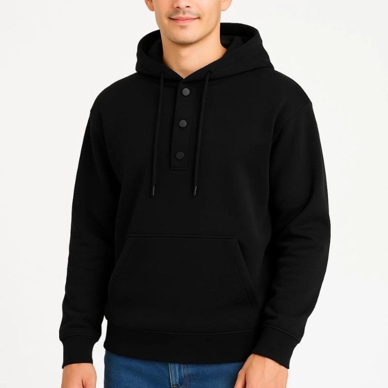 Erkek Kapüşonlu Hoodie Cepli Çıtçıtlı 3 İplik Pamuklu Sweatshirt - Siyah Erkek Kapüşonlu Hoodie Cepli Çıtçıtlı 3 İplik Pamuklu Sweatshirt - Siyah