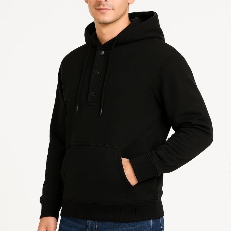 Erkek Kapüşonlu Hoodie Cepli Çıtçıtlı 3 İplik Pamuklu Sweatshirt - Siyah Erkek Kapüşonlu Hoodie Cepli Çıtçıtlı 3 İplik Pamuklu Sweatshirt - Siyah