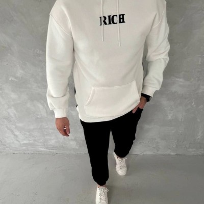 Erkek Kapüşonlu Kanguru Cepli Sweatshirt 3 İplik Pamuklu Baskılı Hoodie - Beyaz Erkek Kapüşonlu Kanguru Cepli Sweatshirt 3 İplik Pamuklu Baskılı Hoodie - Beyaz