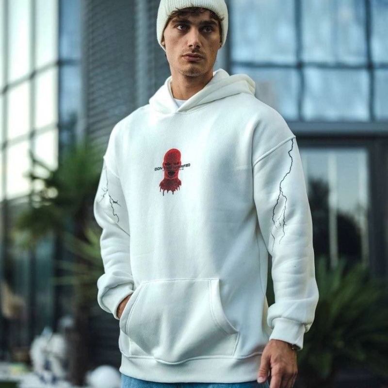 Erkek Kapüşonlu Kanguru Cepli Sweatshirt 3 İplik Pamuklu Baskılı Hoodie - Beyaz Erkek Kapüşonlu Kanguru Cepli Sweatshirt 3 İplik Pamuklu Baskılı Hoodie - Beyaz