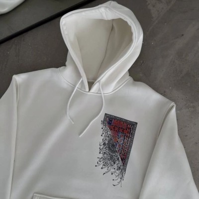 Erkek Kapüşonlu Kanguru Cepli Sweatshirt 3 İplik Pamuklu Baskılı Hoodie - Beyaz