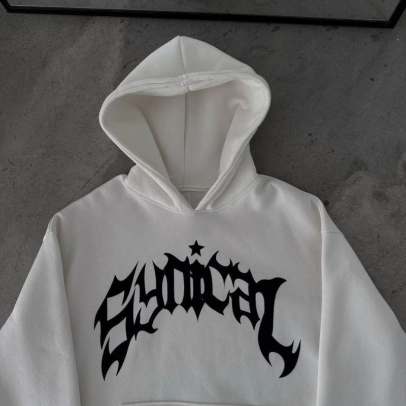 Erkek Kapüşonlu Kanguru Cepli Sweatshirt 3 İplik Pamuklu Baskılı Hoodie - Beyaz