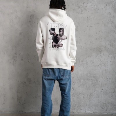 Erkek Kapüşonlu Kanguru Cepli Sweatshirt 3 İplik Pamuklu Baskılı Hoodie - Beyaz