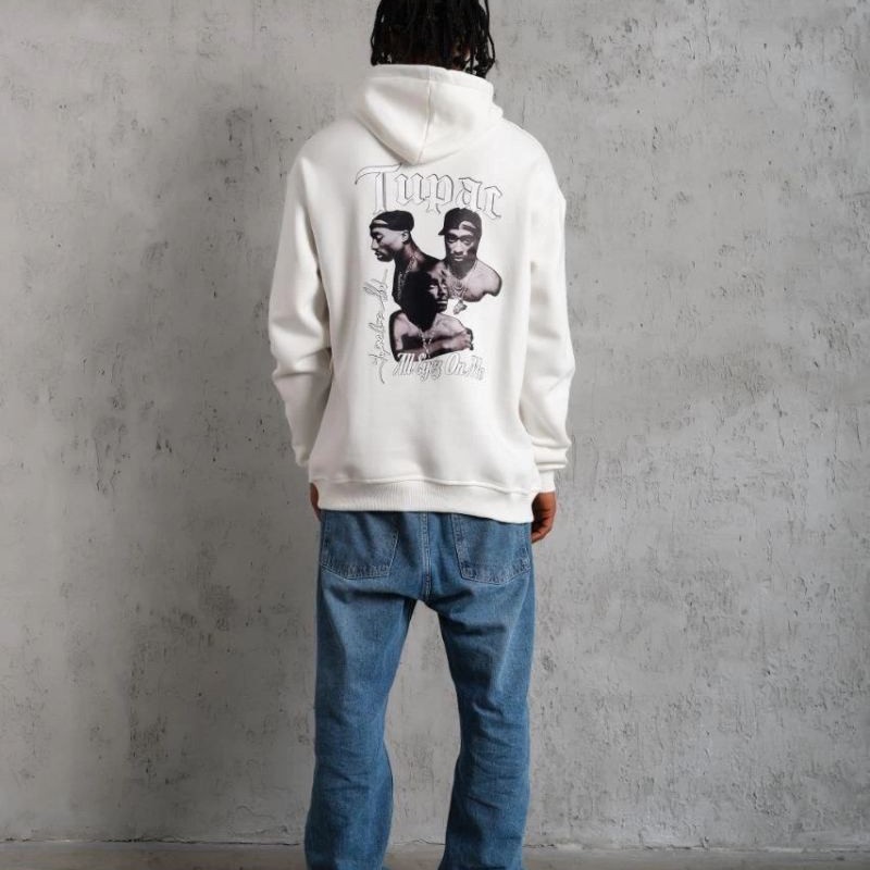 Erkek Kapüşonlu Kanguru Cepli Sweatshirt 3 İplik Pamuklu Baskılı Hoodie - Beyaz