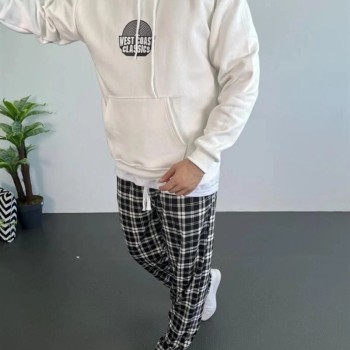 Erkek Kapüşonlu Kanguru Cepli Sweatshirt 3 İplik Pamuklu Baskılı Hoodie - Beyaz