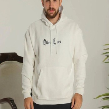 Erkek Kapüşonlu Kanguru Cepli Sweatshirt 3 İplik Pamuklu Baskılı Hoodie - Beyaz