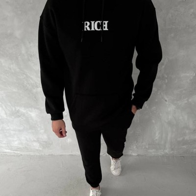 Erkek Kapüşonlu Kanguru Cepli Sweatshirt 3 İplik Pamuklu Baskılı Hoodie - Siyah Erkek Kapüşonlu Kanguru Cepli Sweatshirt 3 İplik Pamuklu Baskılı Hoodie - Siyah