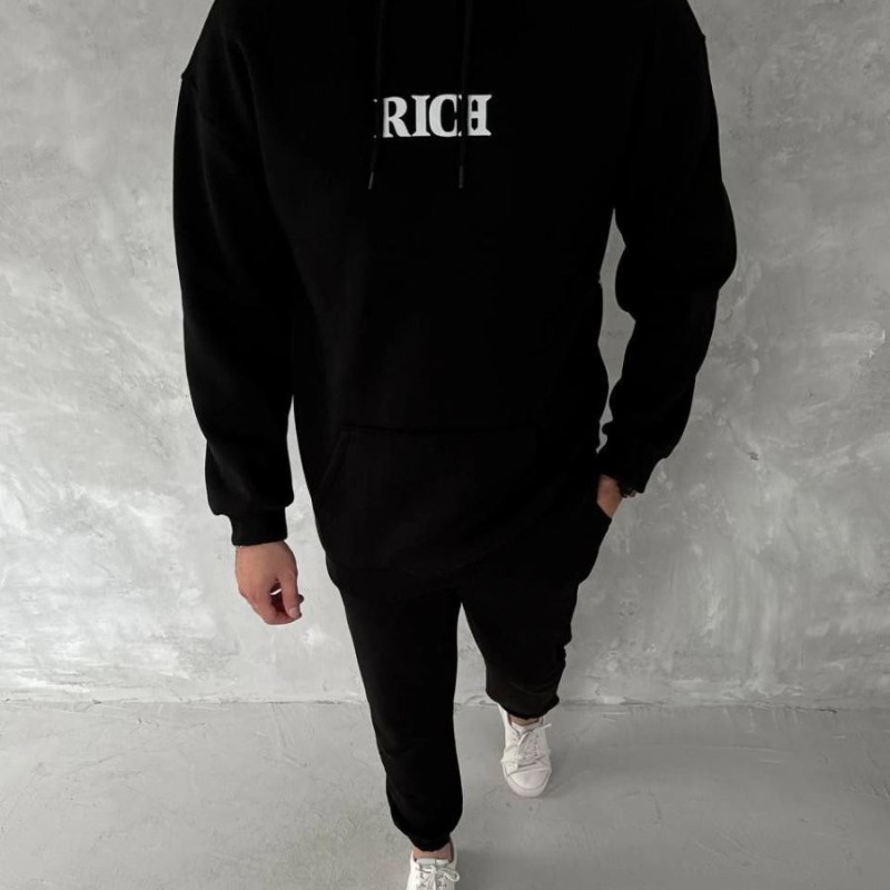 Erkek Kapüşonlu Kanguru Cepli Sweatshirt 3 İplik Pamuklu Baskılı Hoodie - Siyah Erkek Kapüşonlu Kanguru Cepli Sweatshirt 3 İplik Pamuklu Baskılı Hoodie - Siyah