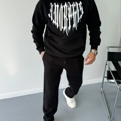Erkek Kapüşonlu Kanguru Cepli Sweatshirt 3 İplik Pamuklu Baskılı Hoodie - Siyah Erkek Kapüşonlu Kanguru Cepli Sweatshirt 3 İplik Pamuklu Baskılı Hoodie - Siyah
