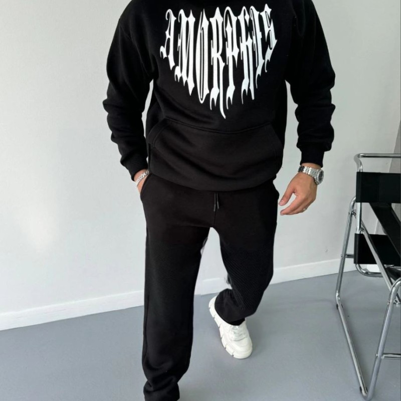Erkek Kapüşonlu Kanguru Cepli Sweatshirt 3 İplik Pamuklu Baskılı Hoodie - Siyah Erkek Kapüşonlu Kanguru Cepli Sweatshirt 3 İplik Pamuklu Baskılı Hoodie - Siyah