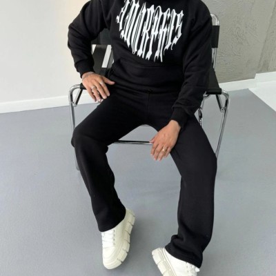Erkek Kapüşonlu Kanguru Cepli Sweatshirt 3 İplik Pamuklu Baskılı Hoodie - Siyah Erkek Kapüşonlu Kanguru Cepli Sweatshirt 3 İplik Pamuklu Baskılı Hoodie - Siyah