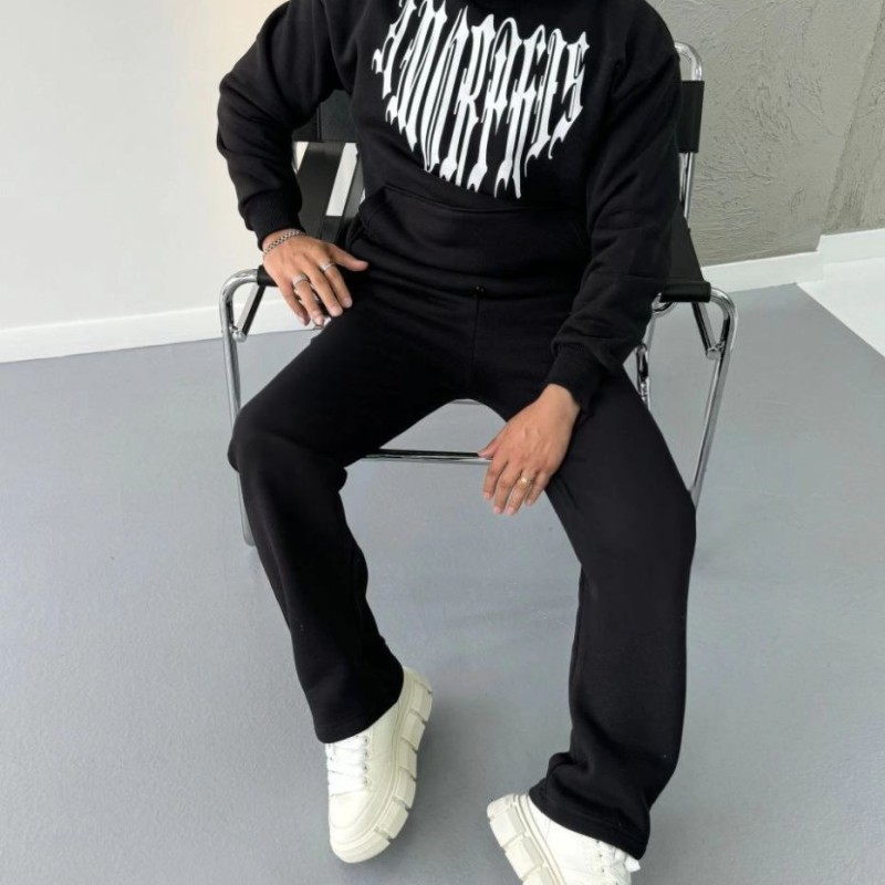 Erkek Kapüşonlu Kanguru Cepli Sweatshirt 3 İplik Pamuklu Baskılı Hoodie - Siyah Erkek Kapüşonlu Kanguru Cepli Sweatshirt 3 İplik Pamuklu Baskılı Hoodie - Siyah