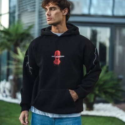 Erkek Kapüşonlu Kanguru Cepli Sweatshirt 3 İplik Pamuklu Baskılı Hoodie - Siyah Erkek Kapüşonlu Kanguru Cepli Sweatshirt 3 İplik Pamuklu Baskılı Hoodie - Siyah