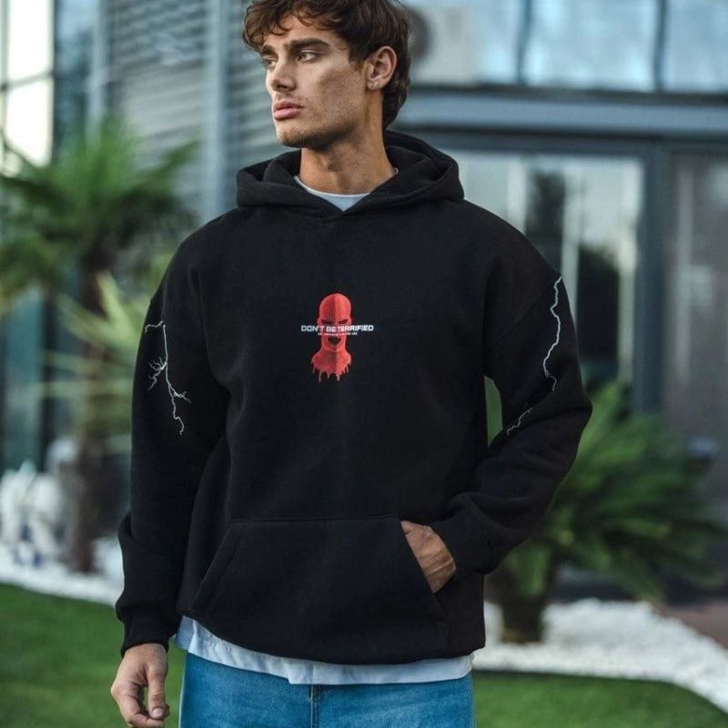 Erkek Kapüşonlu Kanguru Cepli Sweatshirt 3 İplik Pamuklu Baskılı Hoodie - Siyah Erkek Kapüşonlu Kanguru Cepli Sweatshirt 3 İplik Pamuklu Baskılı Hoodie - Siyah