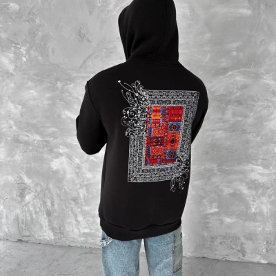 Erkek Kapüşonlu Kanguru Cepli Sweatshirt 3 İplik Pamuklu Baskılı Hoodie - Siyah