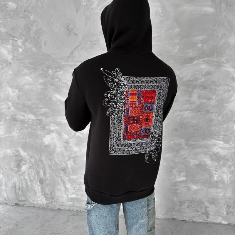 Erkek Kapüşonlu Kanguru Cepli Sweatshirt 3 İplik Pamuklu Baskılı Hoodie - Siyah