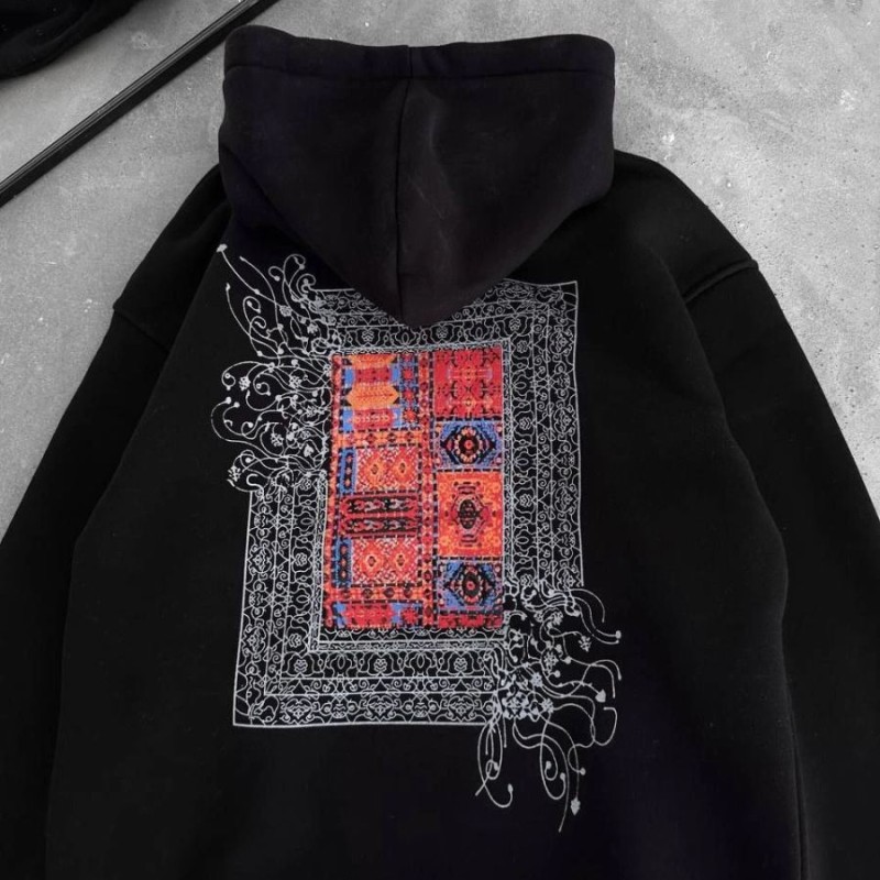 Erkek Kapüşonlu Kanguru Cepli Sweatshirt 3 İplik Pamuklu Baskılı Hoodie - Siyah