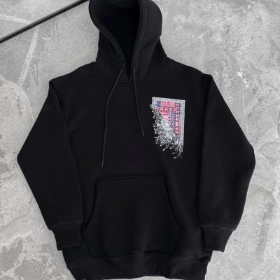 Erkek Kapüşonlu Kanguru Cepli Sweatshirt 3 İplik Pamuklu Baskılı Hoodie - Siyah