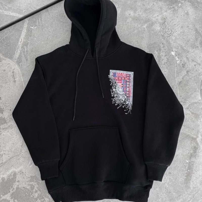 Erkek Kapüşonlu Kanguru Cepli Sweatshirt 3 İplik Pamuklu Baskılı Hoodie - Siyah