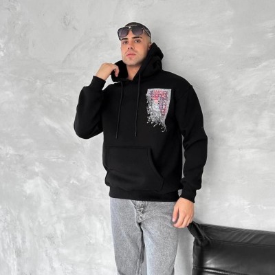 Erkek Kapüşonlu Kanguru Cepli Sweatshirt 3 İplik Pamuklu Baskılı Hoodie - Siyah