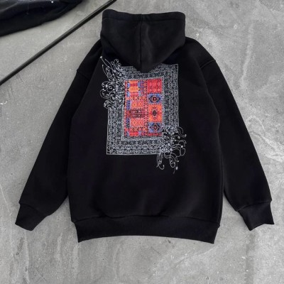 Erkek Kapüşonlu Kanguru Cepli Sweatshirt 3 İplik Pamuklu Baskılı Hoodie - Siyah