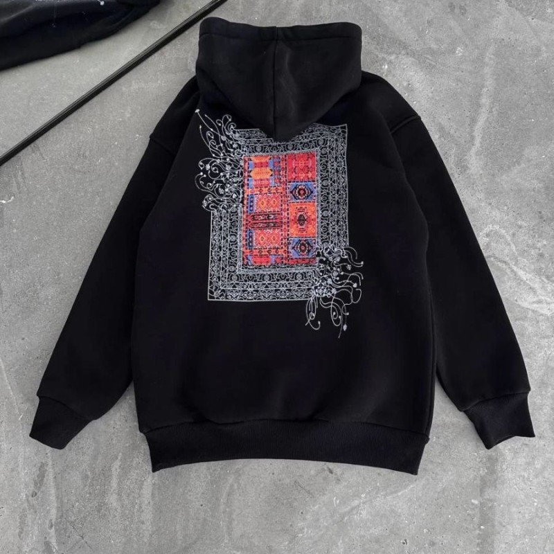 Erkek Kapüşonlu Kanguru Cepli Sweatshirt 3 İplik Pamuklu Baskılı Hoodie - Siyah